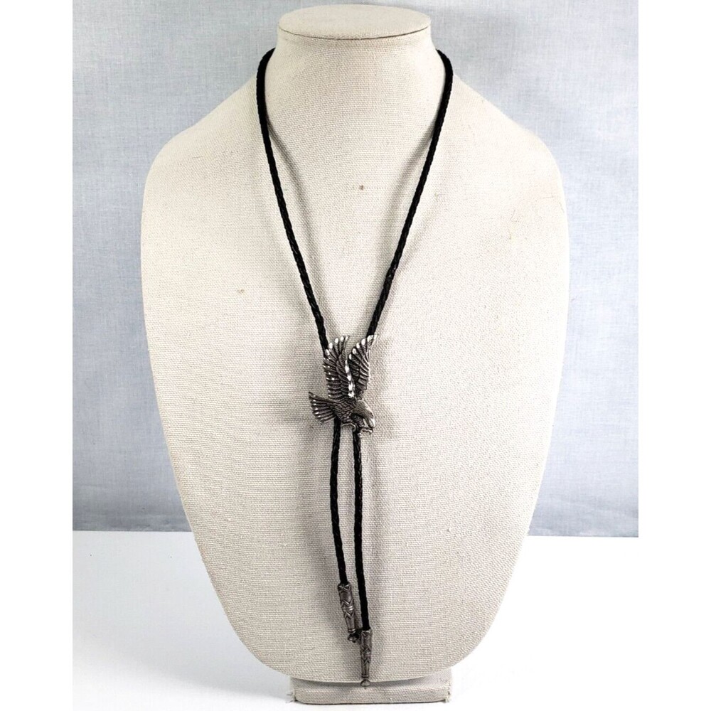 Vintage1989 Western Pewter Diamond Cut Eagle Bolo Tie Signed EJC Bolo Tie Slider